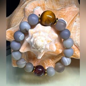 AGATE BANDED + TIGERS EYE + SUPER SEVEN  STONES BRACELET Size 7”